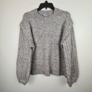 Cobble Lane Gray Cable Knit Balloon Sleeve Ruffle Shoulder Sweater Large Womens